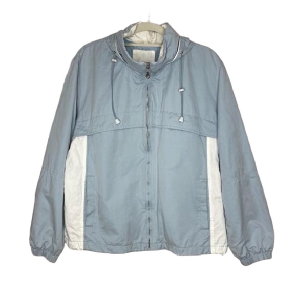 80s 90s Vintage NUAGE Powder Blue White High Neck Zip Windbreaker Jacket Large - Picture 3 of 16